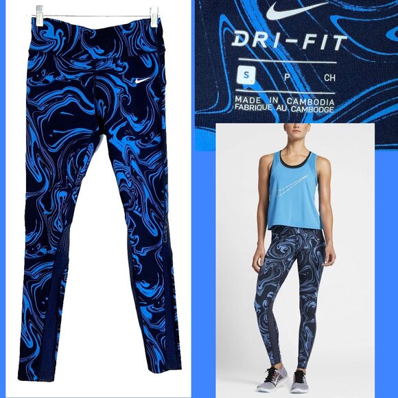 Nike DriFit Power Epic Swarl Printed Black/Blue Lux Running Tights Leggins Sz S - Picture 1 of 16